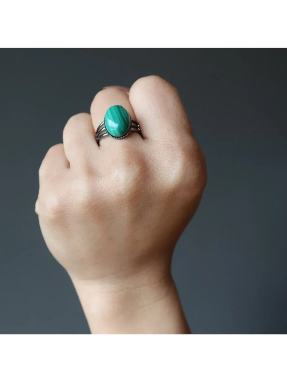 Malachite Ring Tough Gunmetal Adjustable Size 4 to 10 Green Gemstone Boho Jewelr